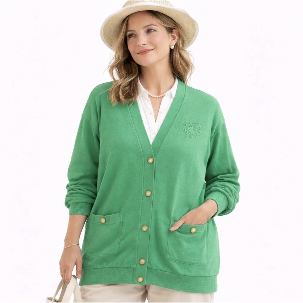 Vintage Collections Green Crest Button Cardigan Sweater Preppy Old Money Sz 18